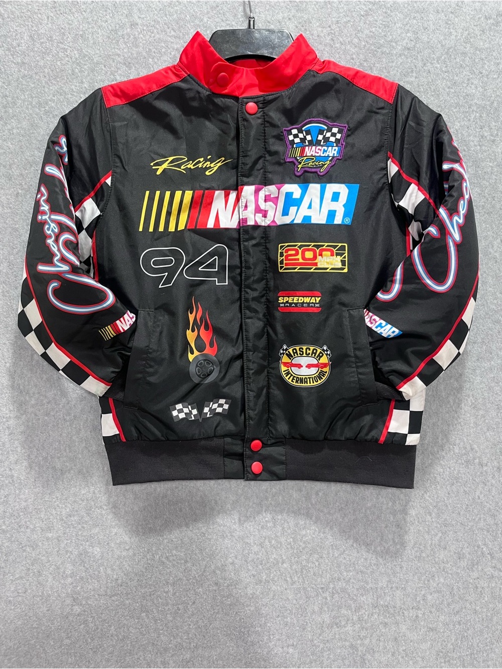 NASCAR Racing Youth Kids Jacket Black Red Size 8 Bomber Windbreaker Full Snap
